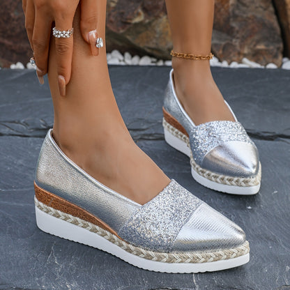 Pointed Toe Sequined Wedge Platform Shoes