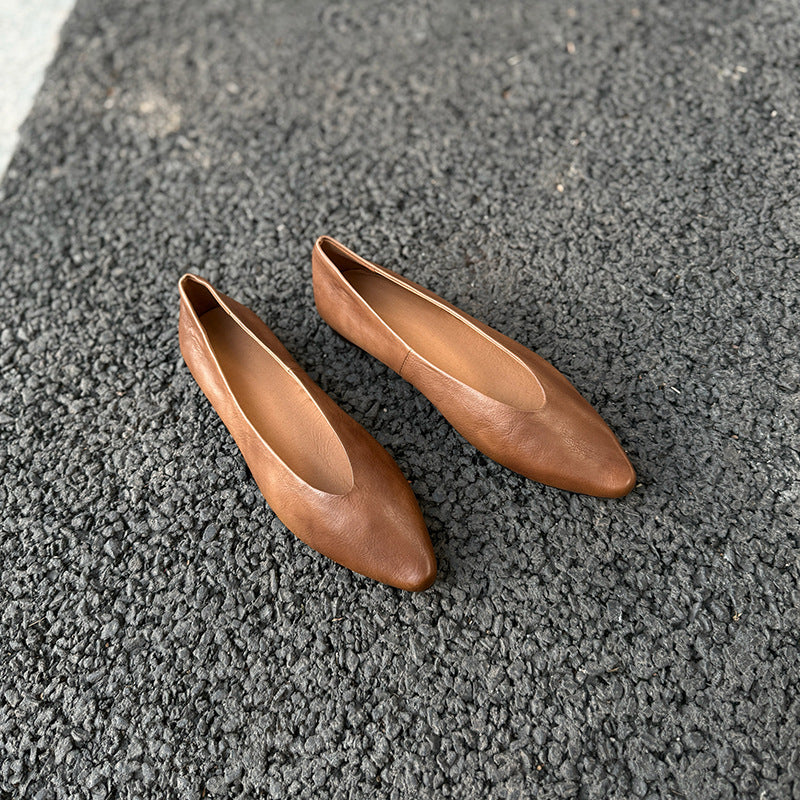 Pointed Toe Soft Leather Flat Slip On Women Shoes