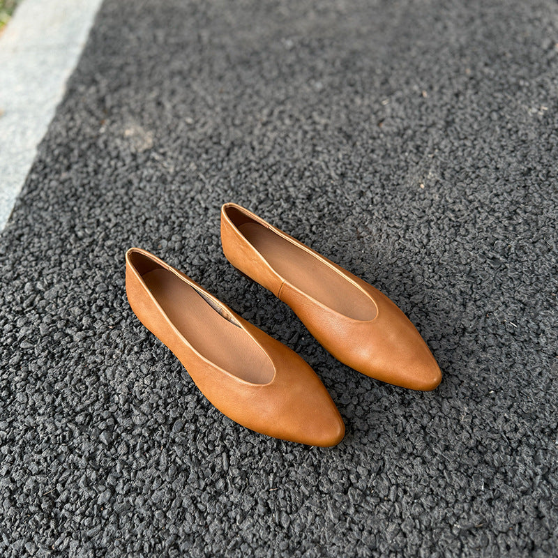 Pointed Toe Soft Leather Flat Slip On Women Shoes