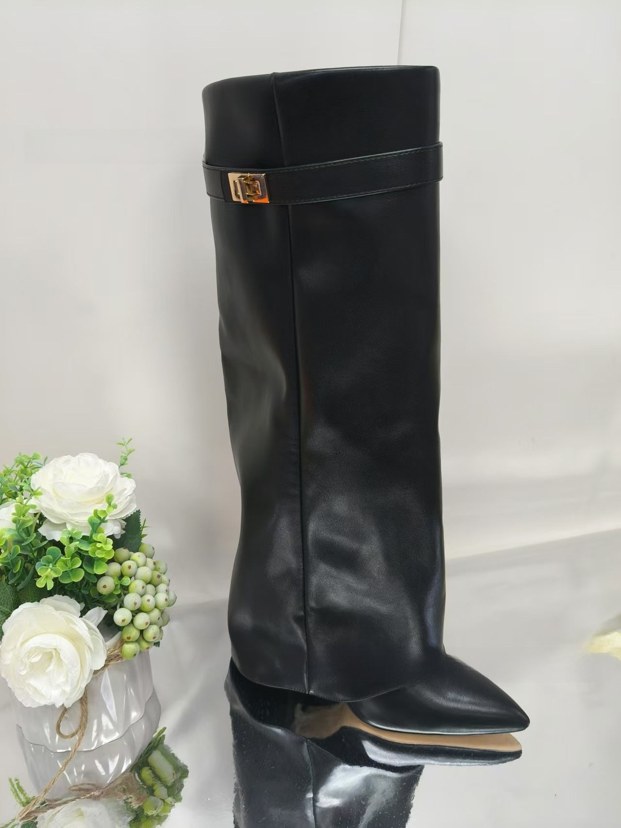Pointed-Toe Wide-Calf Mid-Calf Boots