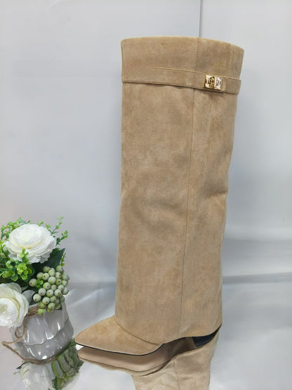 Pointed-Toe Wide-Calf Mid-Calf Boots