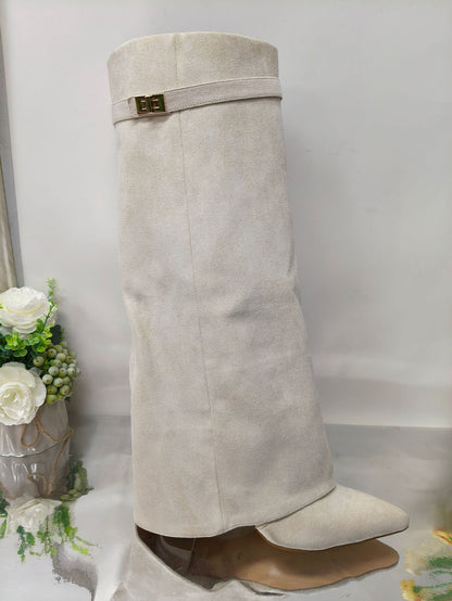 Pointed-Toe Wide-Calf Mid-Calf Boots