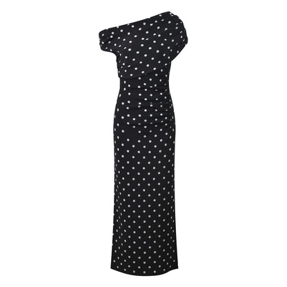 Polka Dot Asymmetric Shoulder Long Dress