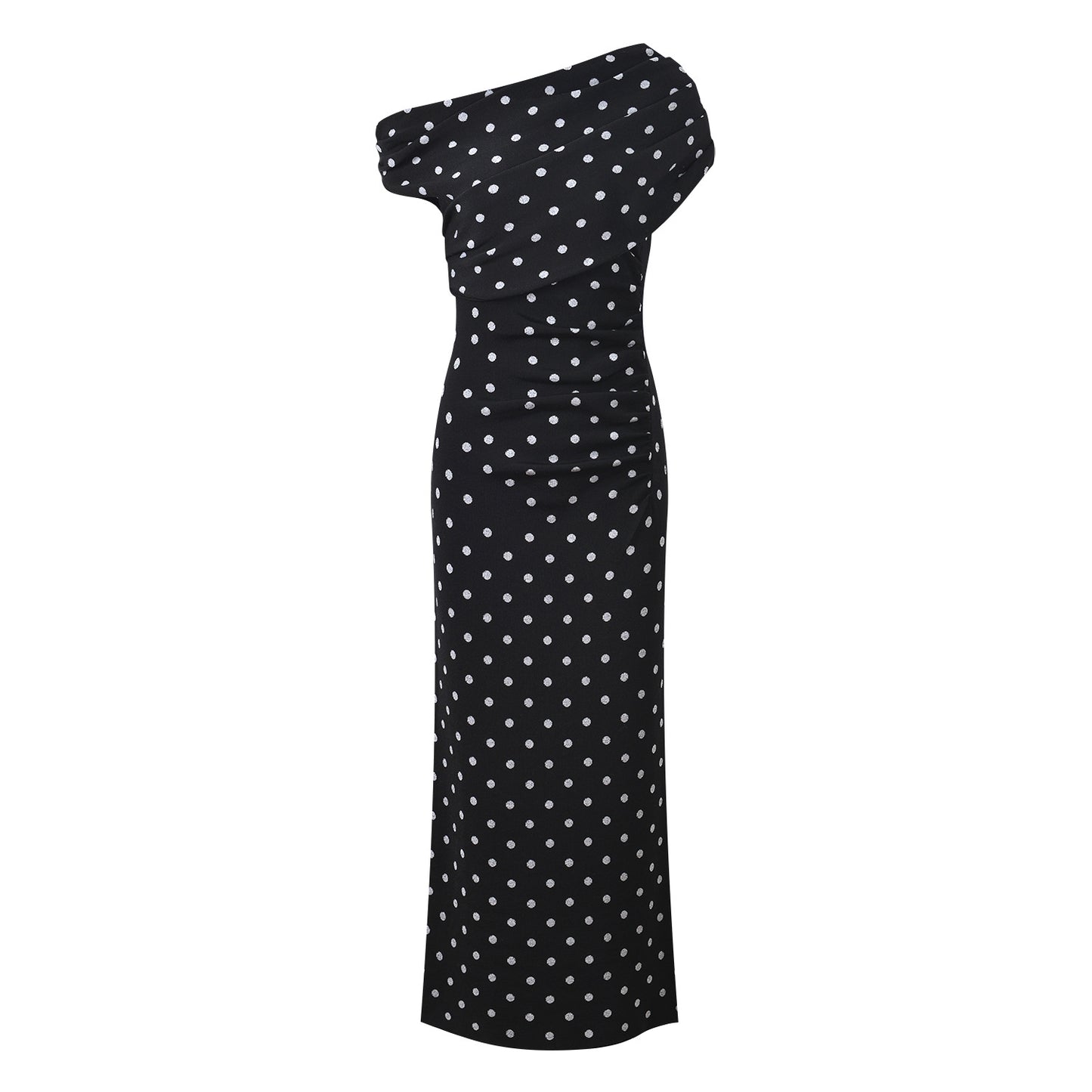 Polka Dot Asymmetric Shoulder Long Dress