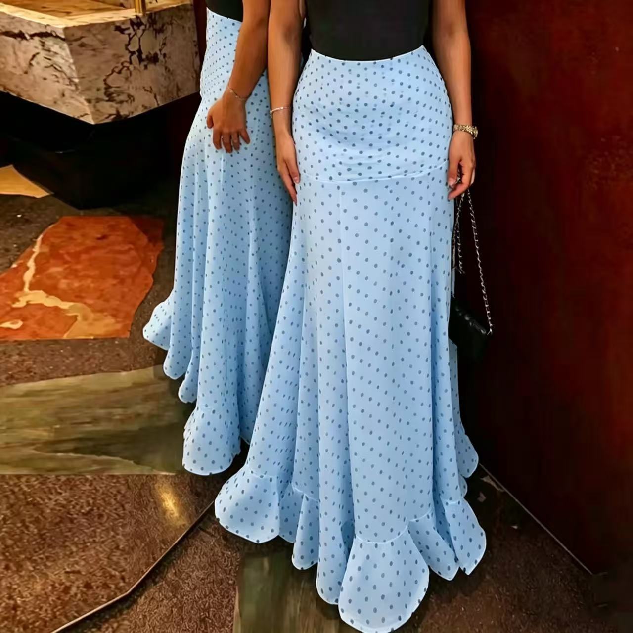 Polka Dot High Waist Chiffon Skirt