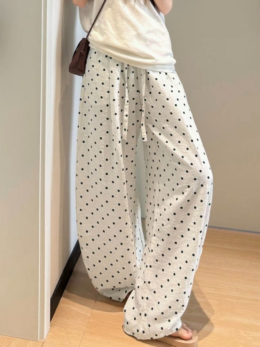 Polka Dot Linen Blend High Waisted Wide Leg Pants