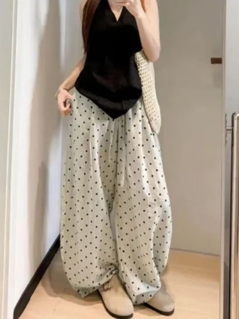 Polka Dot Linen Blend High Waisted Wide Leg Pants