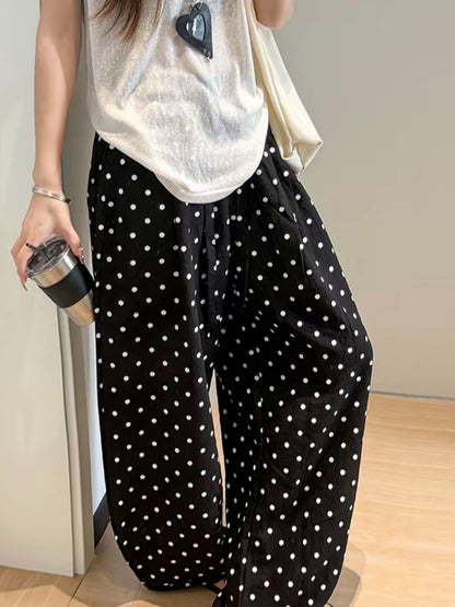 Polka Dot Linen Blend High Waisted Wide Leg Pants