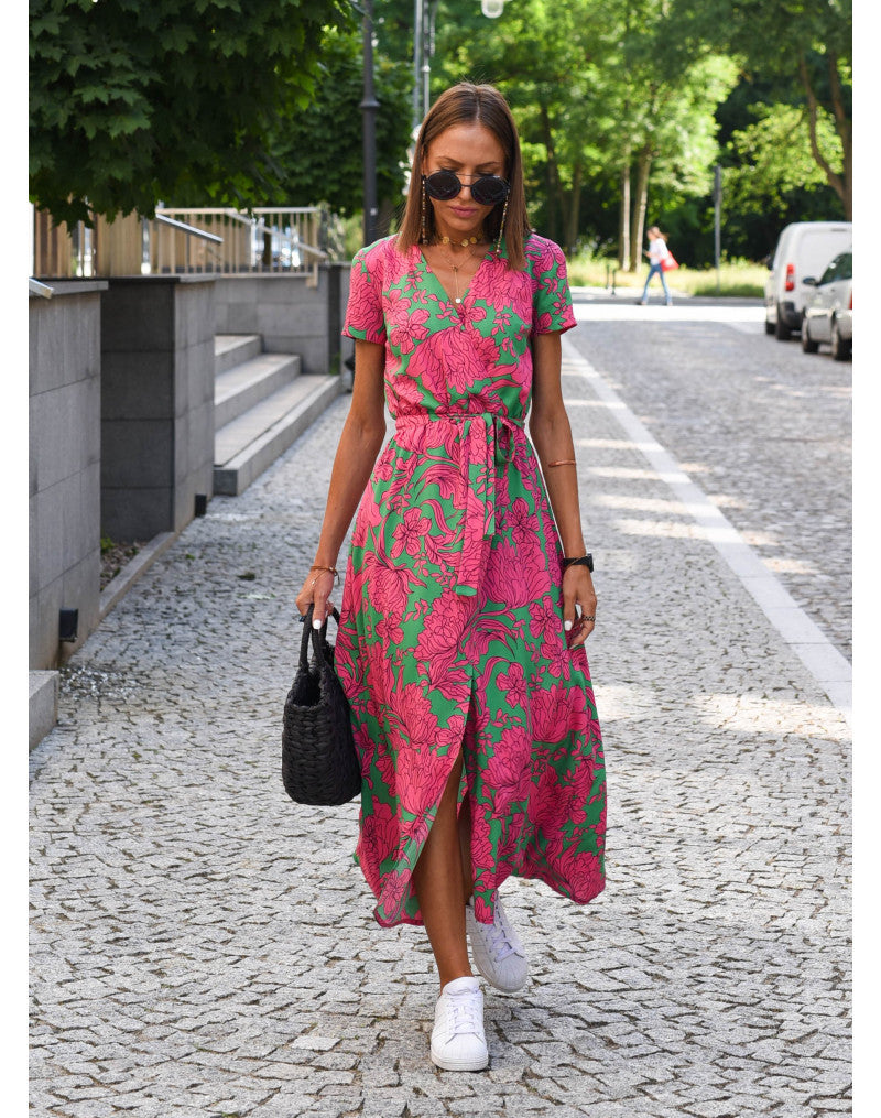 Polka Dot Print Waist-Cinching V-Neck Dress