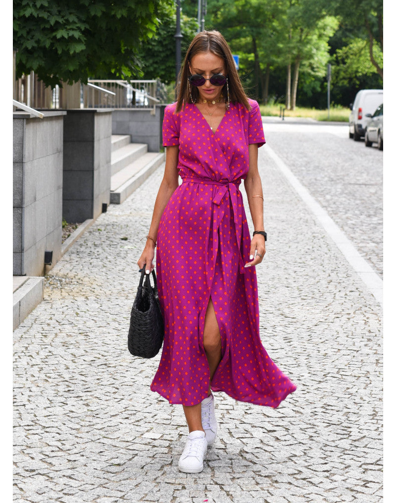 Polka Dot Print Waist-Cinching V-Neck Dress