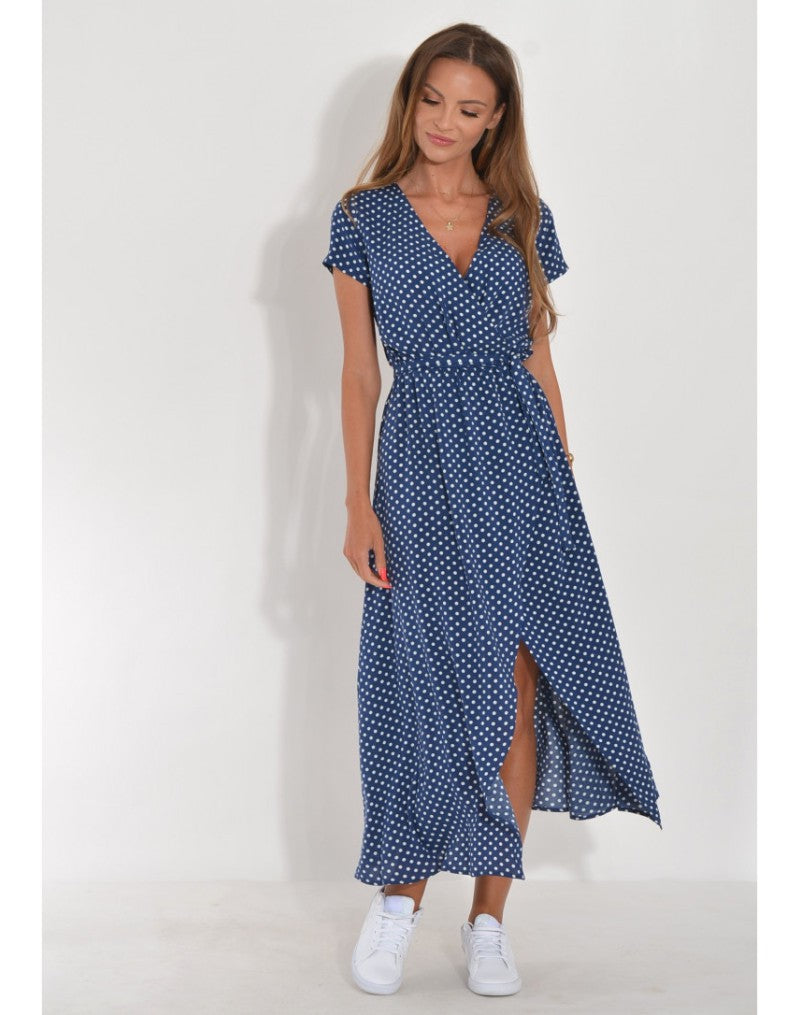 Polka Dot Print Waist-Cinching V-Neck Dress