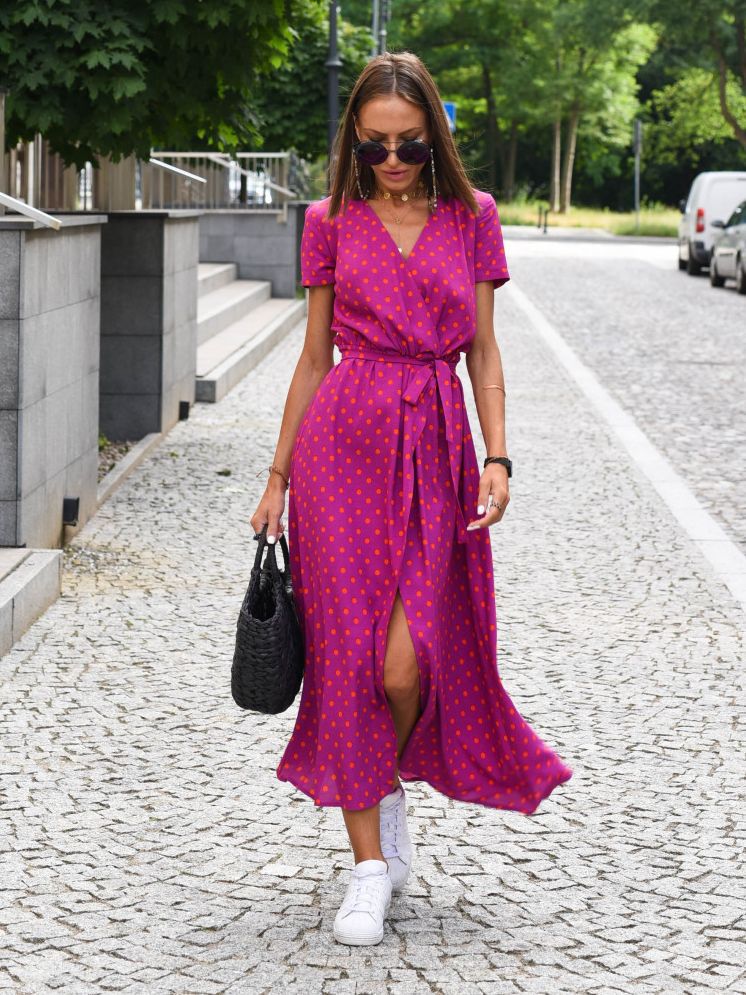 Polka Dot Print Waist-Cinching V-Neck Dress