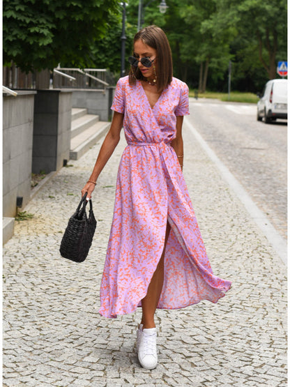 Polka Dot Print Waist-Cinching V-Neck Dress