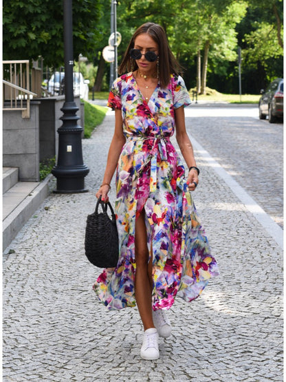 Polka Dot Print Waist-Cinching V-Neck Dress