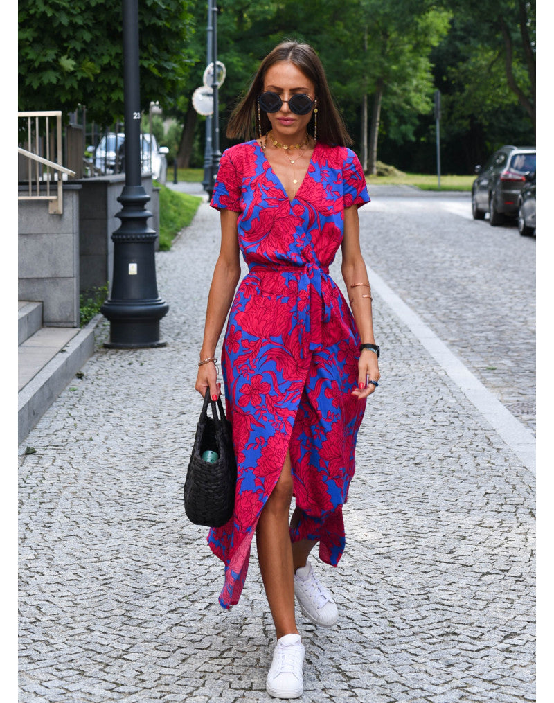 Polka Dot Print Waist-Cinching V-Neck Dress