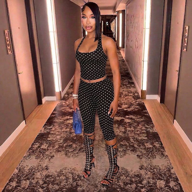 Polka Dot Tie-Neck Halter Top and Cropped Pants Set