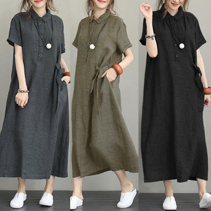 Polo Collar Cotton Linen Dress