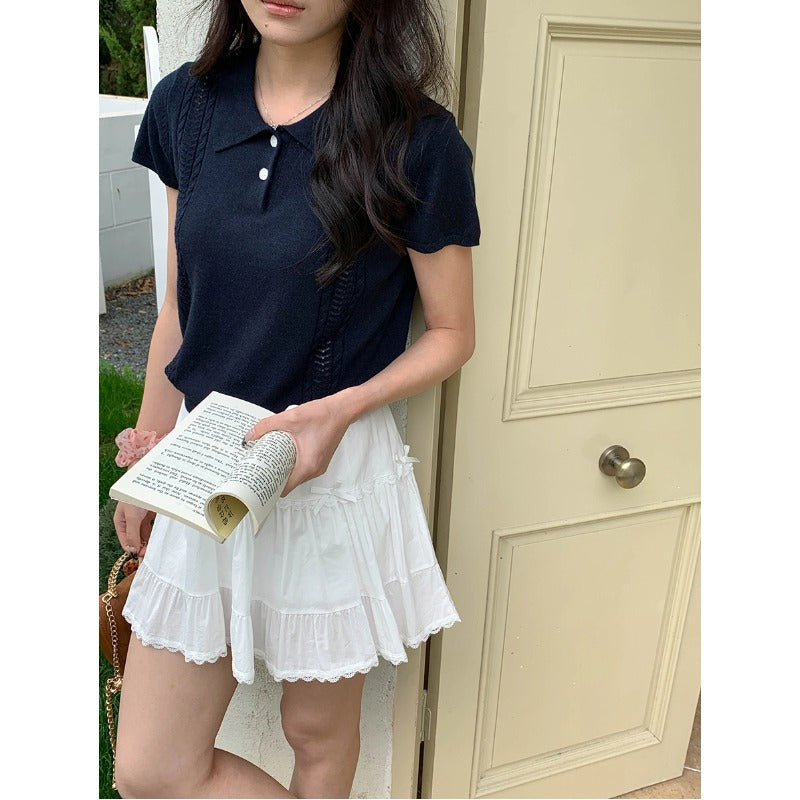 Polo Collar Hemp Texture Knitwear Short Sleeves