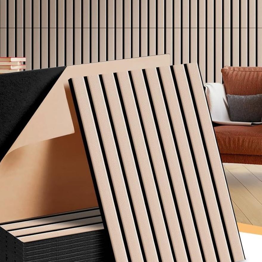 Polyester fiber acoustic panel with wood-grain slat design