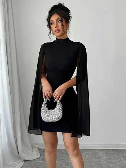 Poncho-style wrap dress with a flared skirt.