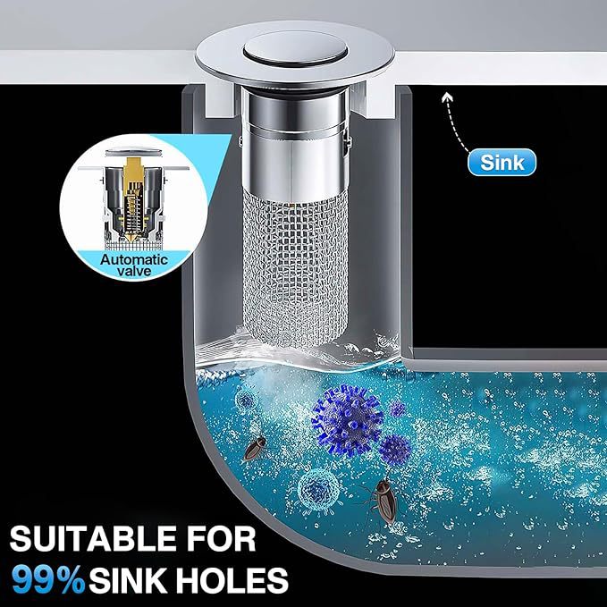 Pop-Up Sink Drain Filter with Removable Stainless Steel Basket