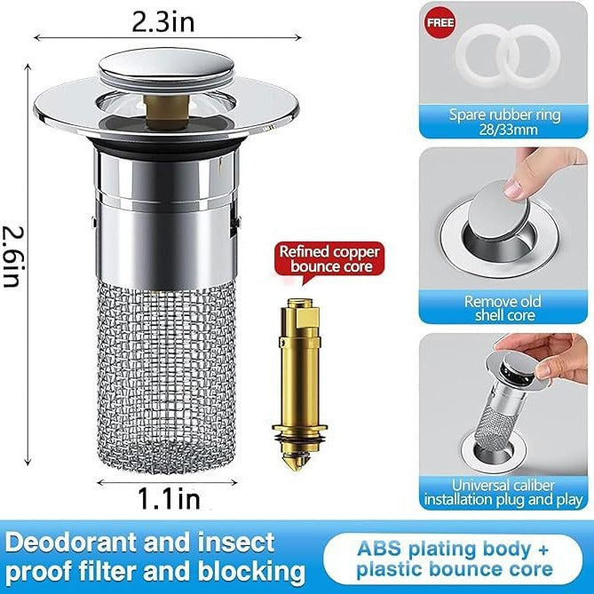 Pop-Up Sink Drain Filter with Removable Stainless Steel Basket