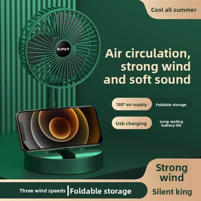 Portable folding desk fan with phone holder