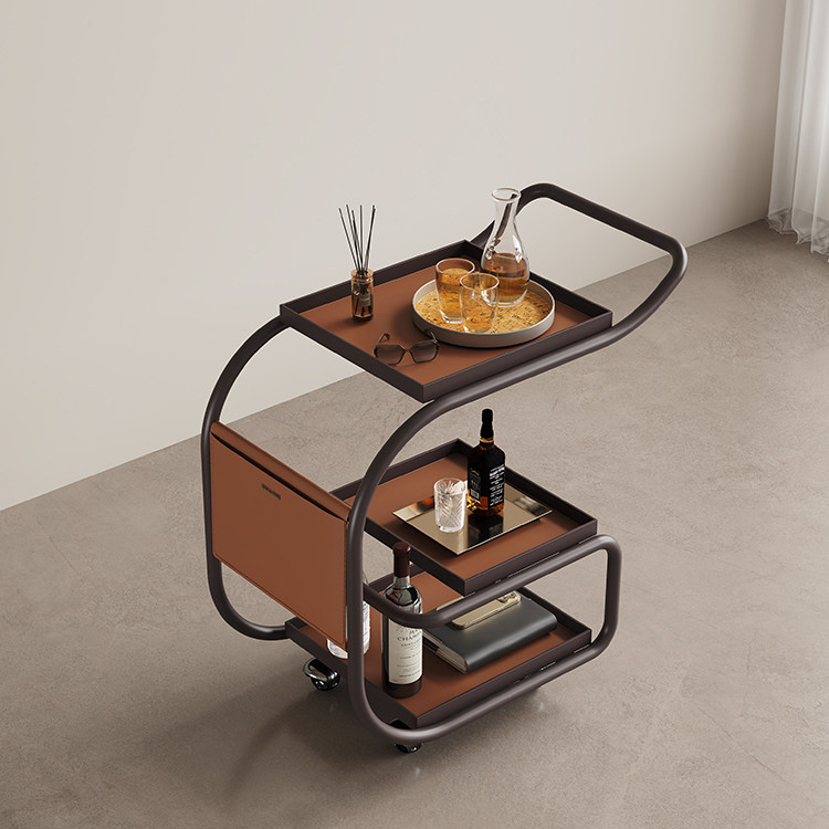 Portable Multi-Tier Metal Serving Cart with Leather