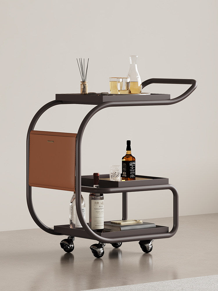 Portable Multi-Tier Metal Serving Cart with Leather