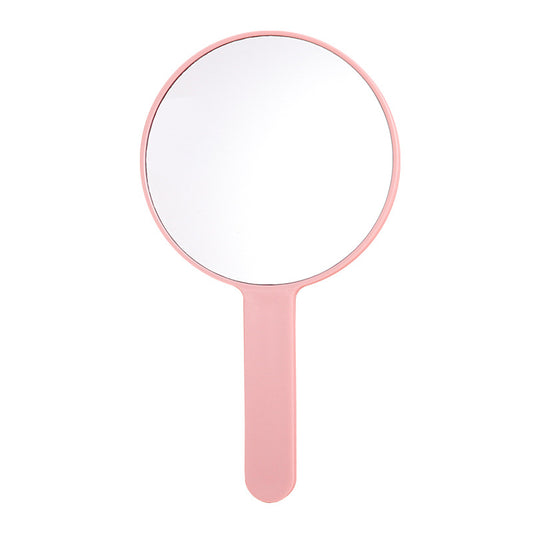 Portable plastic round-handled makeup mirror