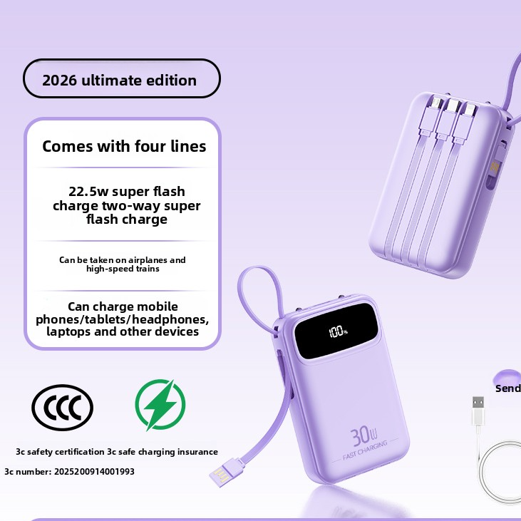 Portable Power Bank with Built-in Cable Fast Charging