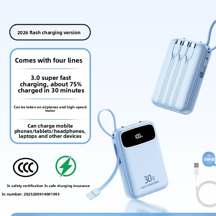 Portable Power Bank with Built-in Cable Fast Charging