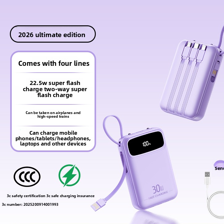 Portable Power Bank with Built-in Cable Fast Charging