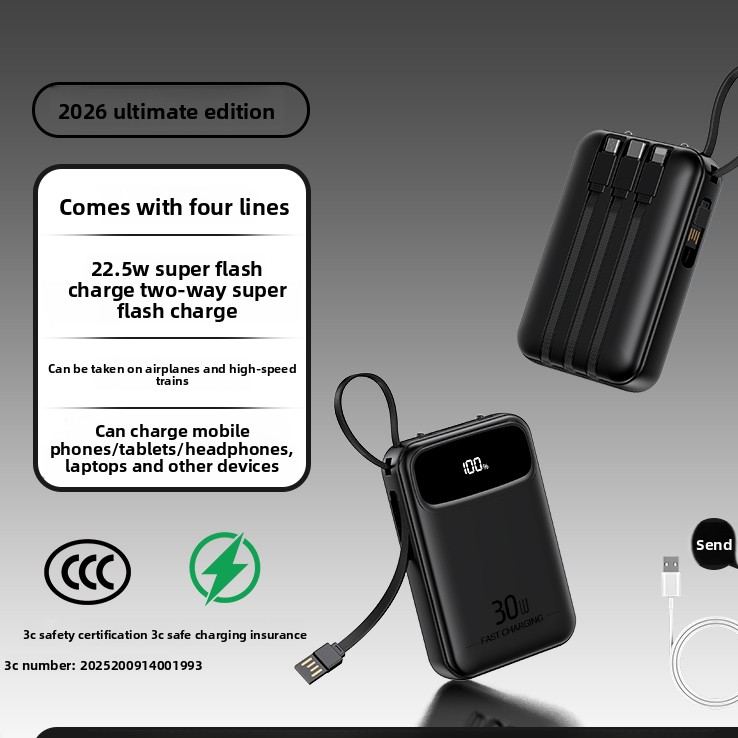 Portable Power Bank with Built-in Cable Fast Charging