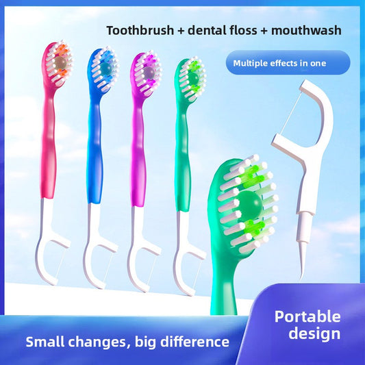 Portable Three-in-One Disposable Toothbrush with Floss and Mouthwash