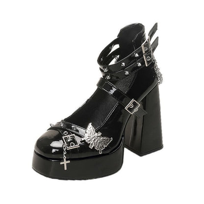 Post-apocalyptic style ultra-high-heeled dark-themed high heels