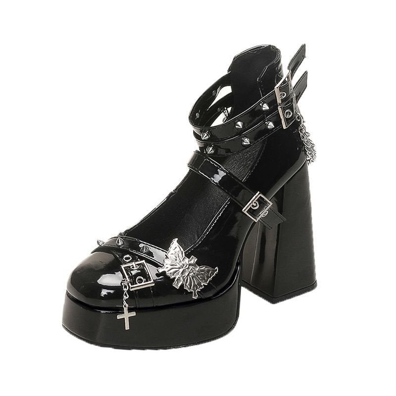 Post-apocalyptic style ultra-high-heeled dark-themed high heels