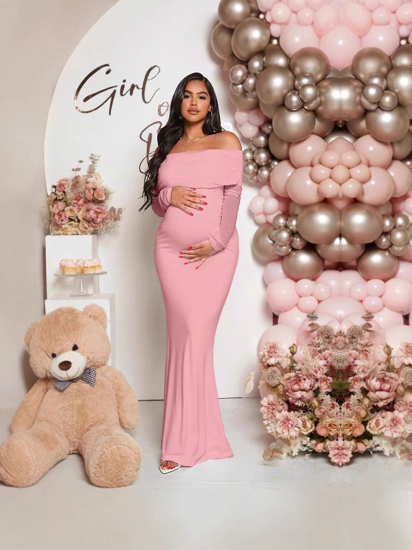Pregnancy-friendly off-shoulder mermaid-style long-sleeve dress