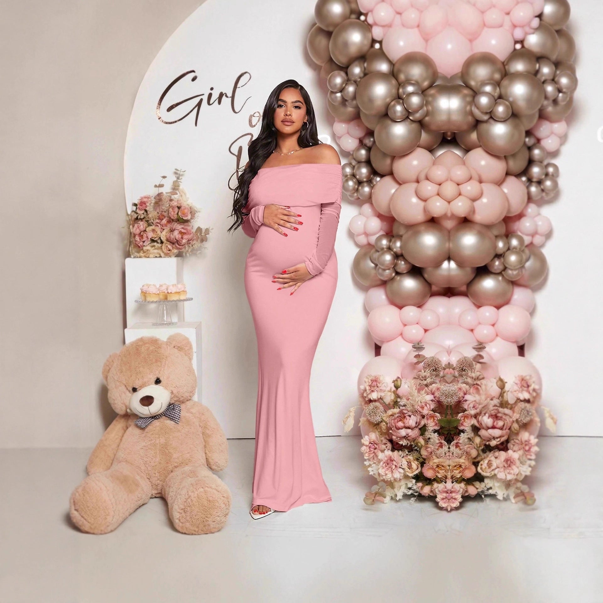 Pregnancy-friendly off-shoulder mermaid-style long-sleeve dress