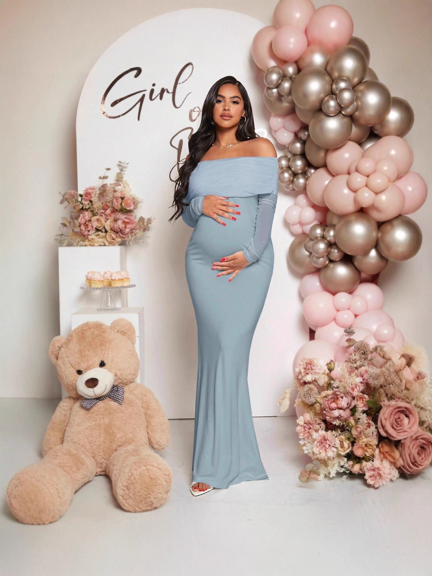 Pregnancy-friendly off-shoulder mermaid-style long-sleeve dress