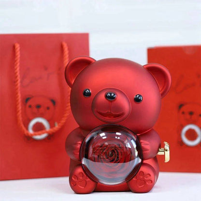 Preserved Rose Bear Box with Heart Necklace