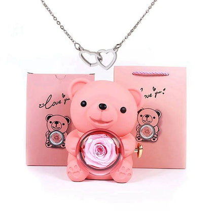 Preserved Rose Bear Box with Heart Necklace