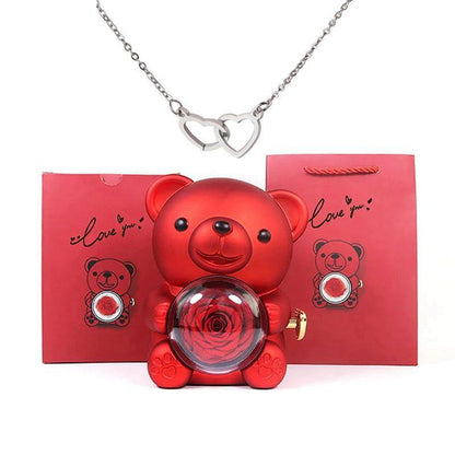 Preserved Rose Bear Box with Heart Necklace