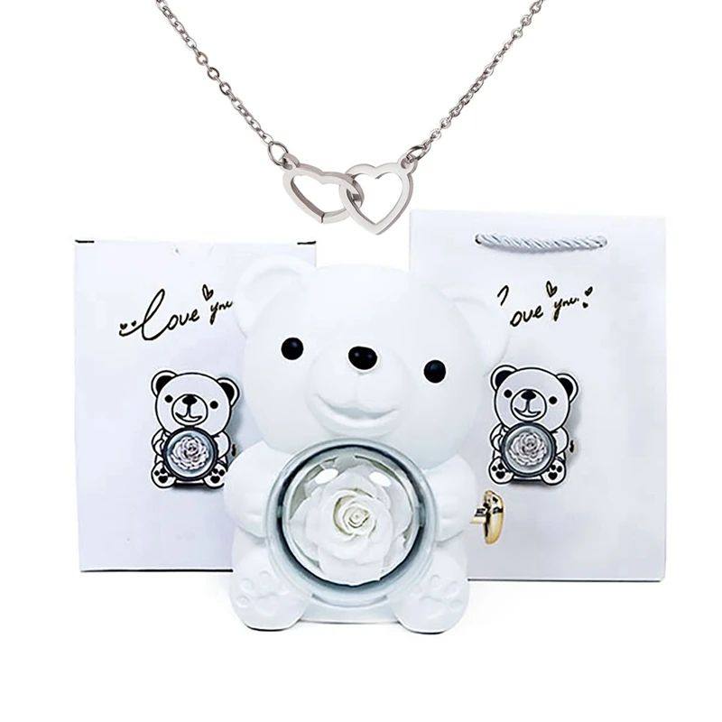 Preserved Rose Bear Box with Heart Necklace