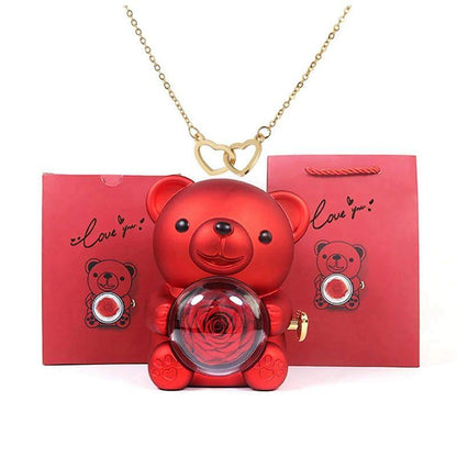 Preserved Rose Bear Box with Heart Necklace