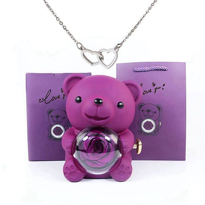 Preserved Rose Bear Box with Heart Necklace