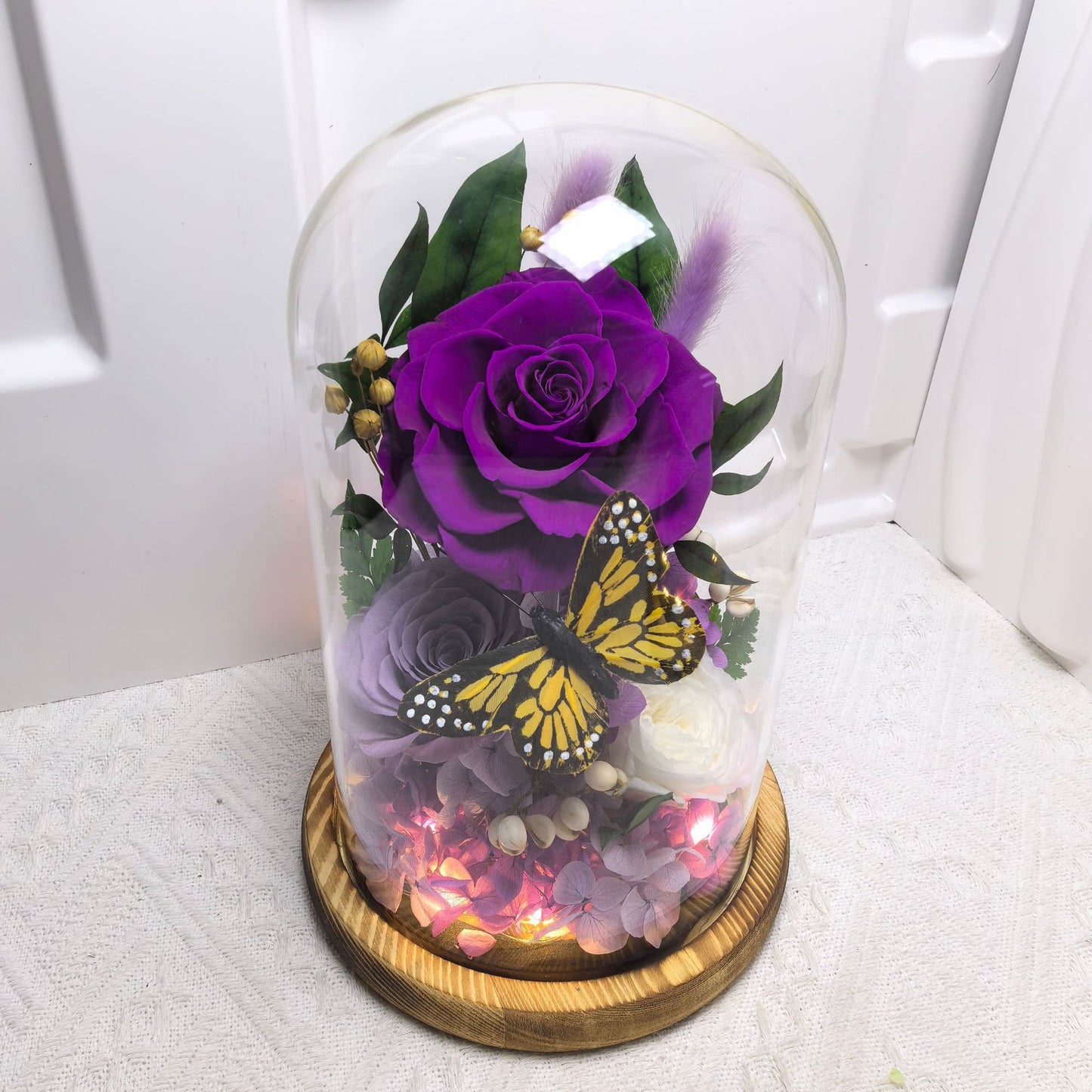 Preserved Rose in Glass Dome with Butterfly Decoration