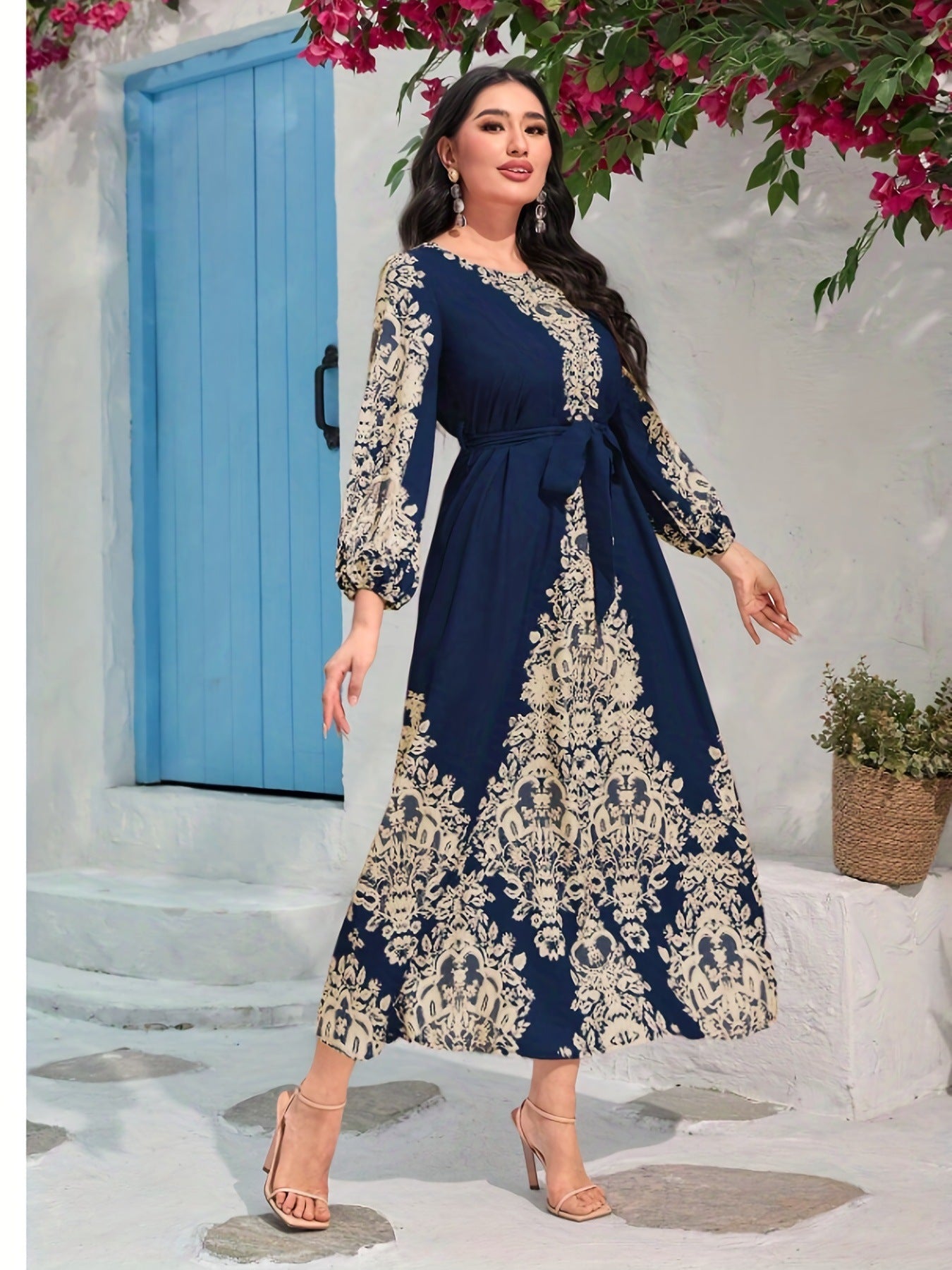 Print Long Sleeve A-Line Dress