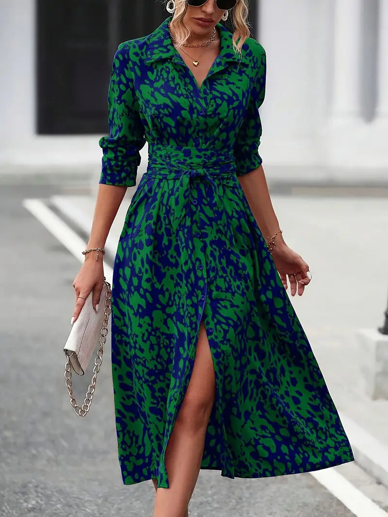 Printed button-down long-sleeved fitted dress