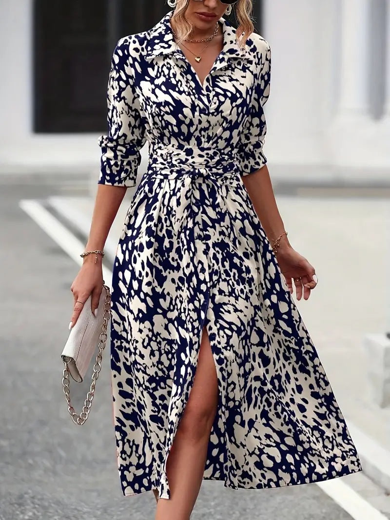 Printed button-down long-sleeved fitted dress